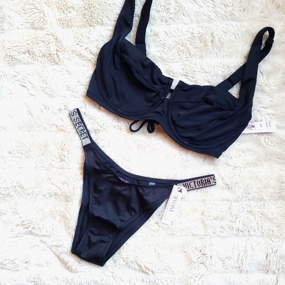 🍒NWT🍒 VS BLACK BIKINI SET 36DD top + M bottom